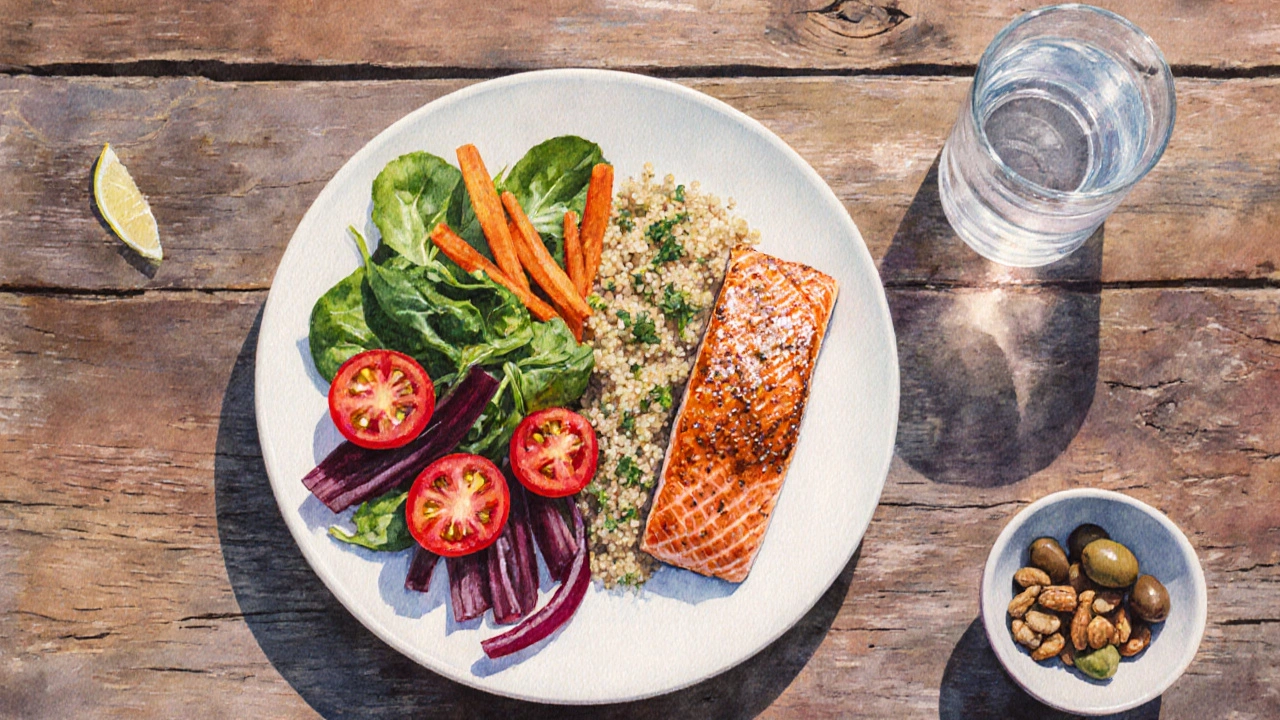 Barevně rozdělený talíř s polovinou zeleniny, čtvrtinou bílkovin (ryba) a čtvrtinou celozrnných sacharidů.