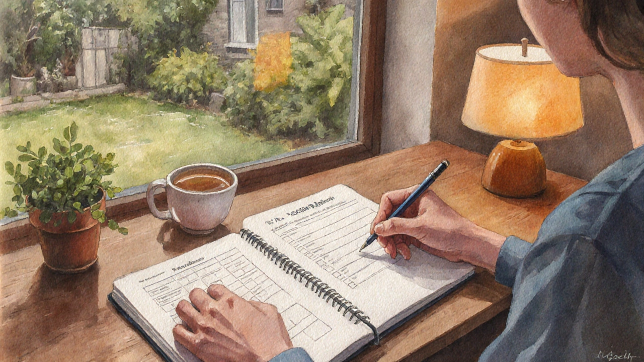 Člověk sedí u okna a zapisuje do deníku zdraví, obklopený pokojovou rostlinou a čajem.