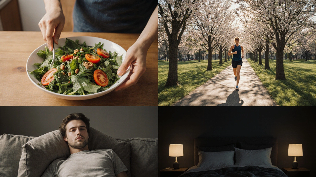 Fotorealistický denní režim: jídlo, běh, meditace, spánek.
