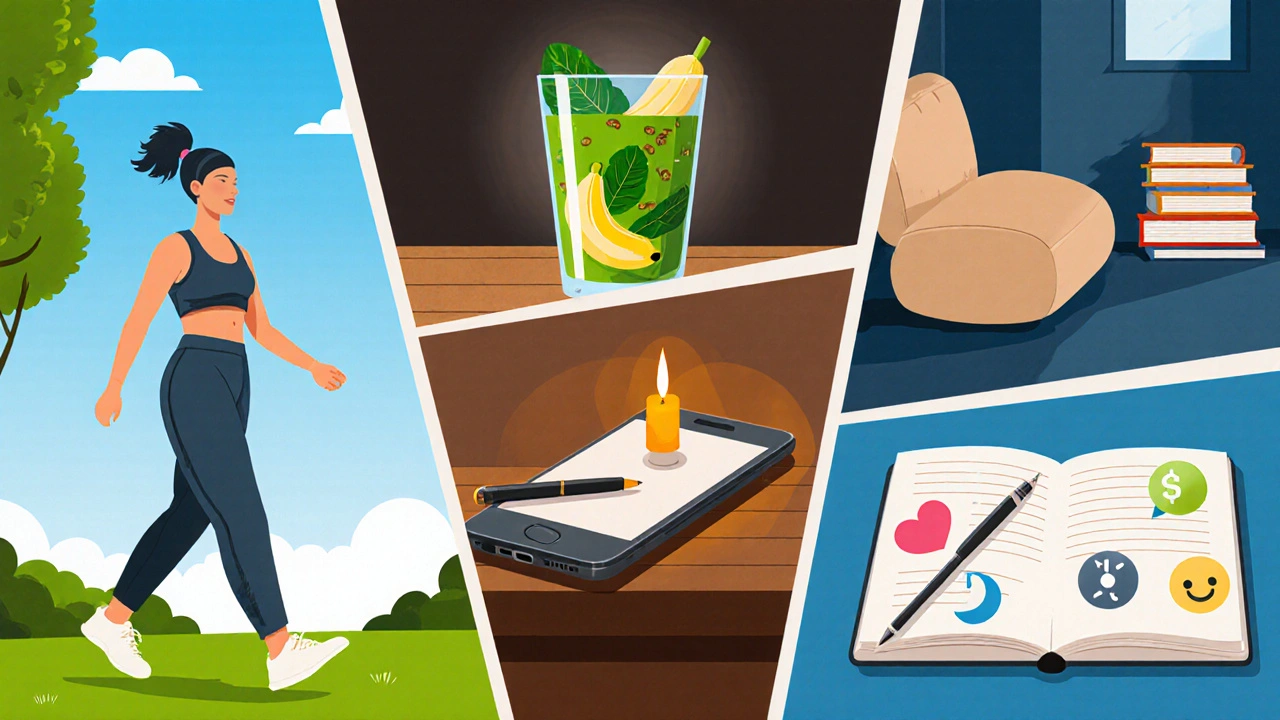 Koláž denních činností: procházka, zeleninový smoothie, meditace, digitální detox, zápis do deníku.