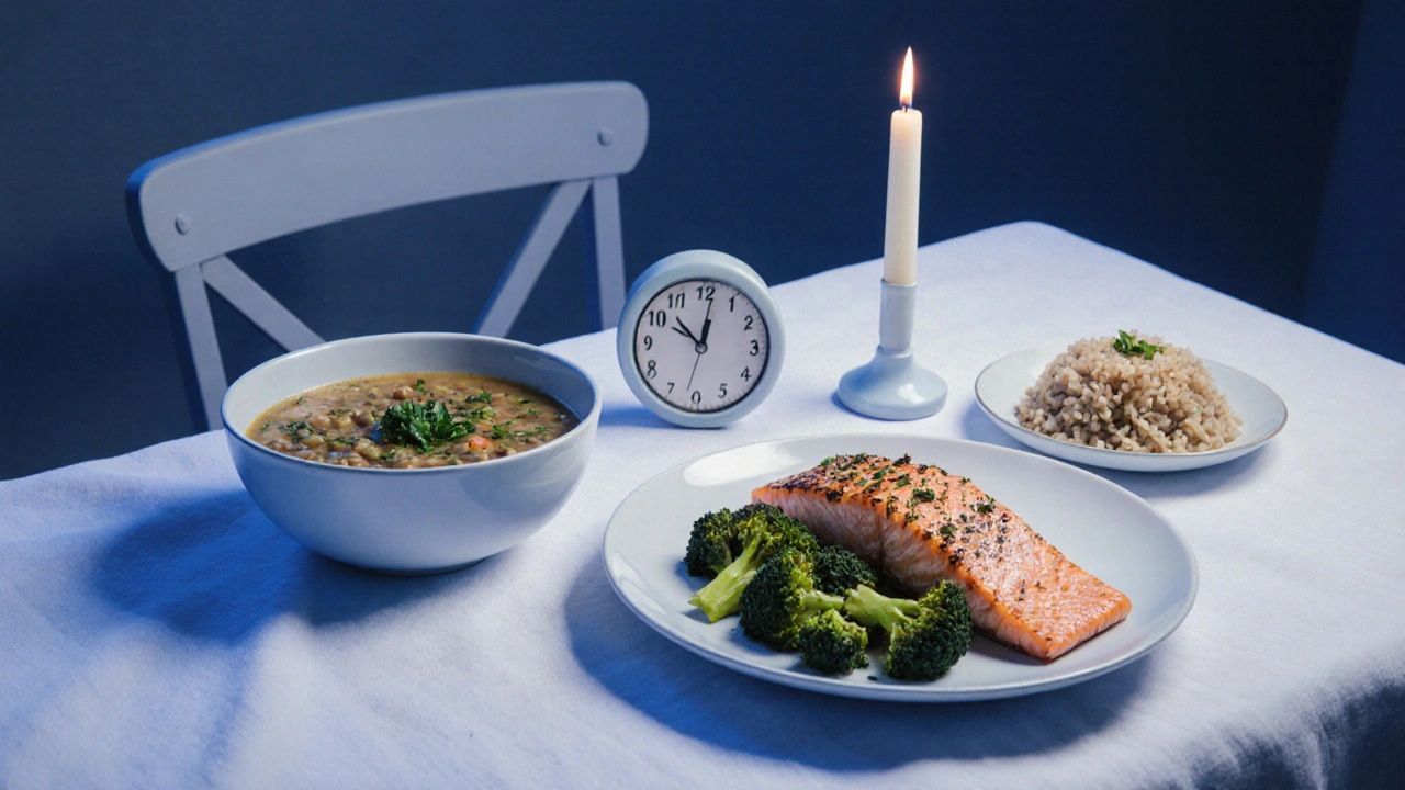 Lehká večeře s čočkovou polévkou a rybou ve večerním světle