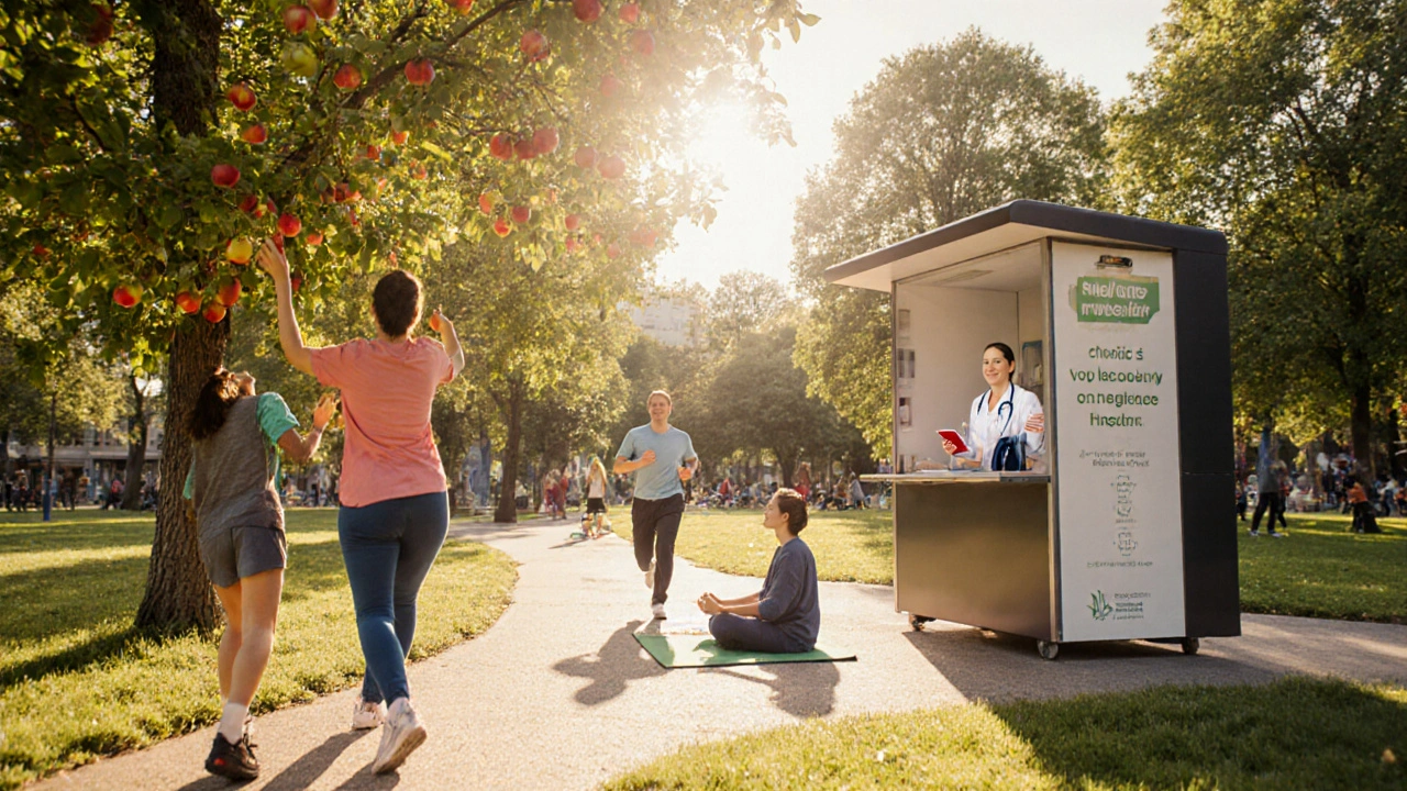 Lidé sportují, jedí ovoce a meditují v parku, zatímco zdravotní kontrolní stánek nabízí preventivní vyšetření.