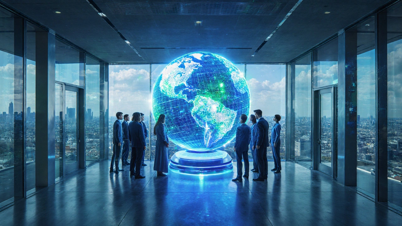 Moderní WHO sídlo, tým analyzuje globální data o pandemii u hologramu.