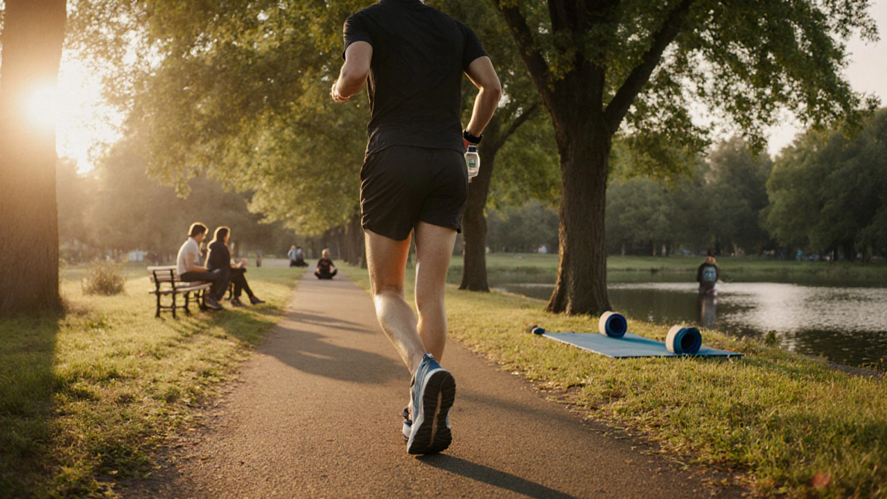 Osoba běží v parku za svítání, kolem ní lidé povídají a někdo medituje u jezírka.