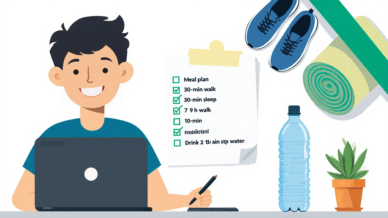 Postava kontroluje seznam habitů: jídlo, cvičení, spánek, meditace a hydratace, s odškrtnutými úkoly.