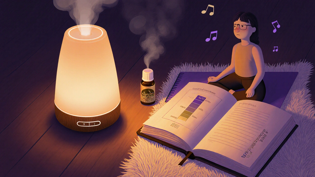 Večerní pokoj s difuzérem levandule, deníkem a osobou v meditaci, vytvářející klid.