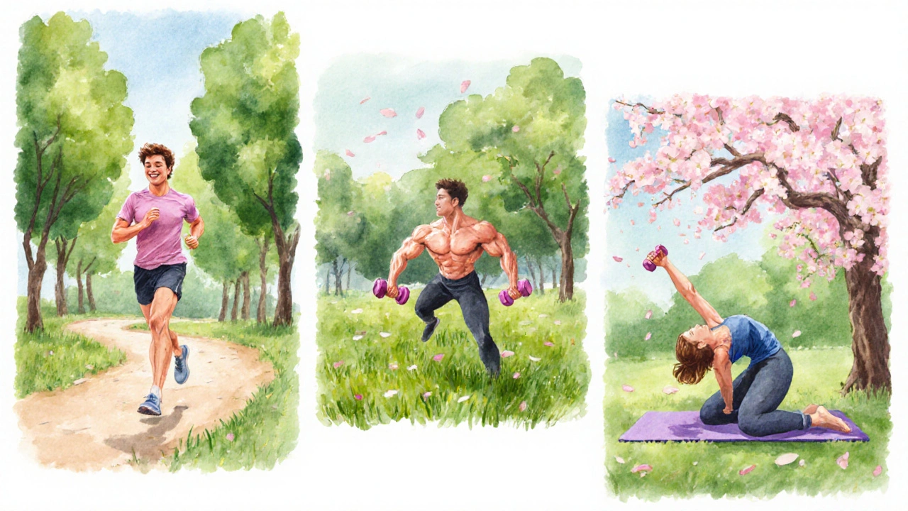 Vodařská ilustrace běhu, posilování a jógy v parku.
