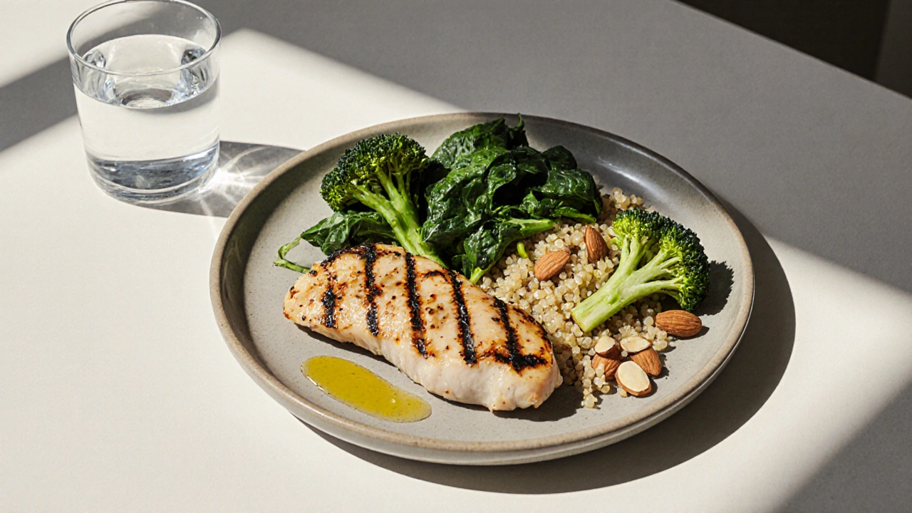 Vyvážené obědové jídlo s kuřecím masem, brokolicí a quinou