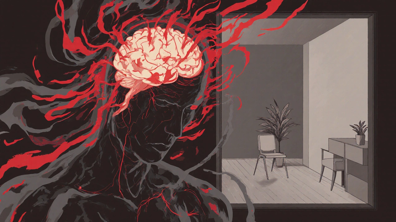 Abstraktní postava s vlnami energie kolem hlavy a zářící amygdalou v mozku, symbolizující panický záchvat.