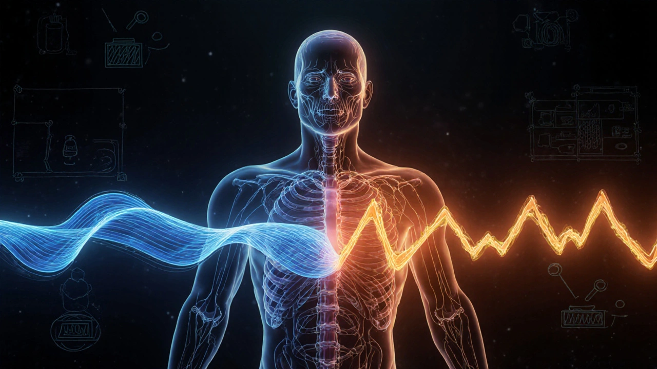 Abstraktní znázornění stabilní hladiny cukru v krvi při třech jídlech denně versus vlny inzulinu.