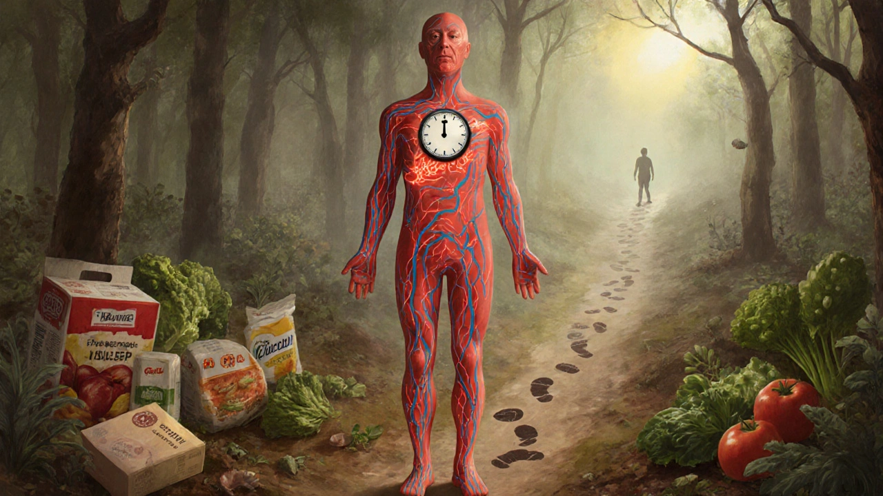 Abstraktní zobrazení lidského těla s vlnami zánětu a tlumenými mitochondriemi, v pozadí potraviny a stopa chůze.