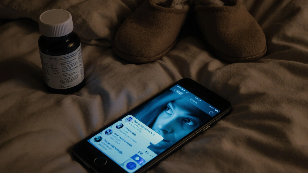 Chybějící telefon na posteli s nečtenými zprávami, vedle něj léky a ponožky, zrcadlení obličeje v tmavém displeji.