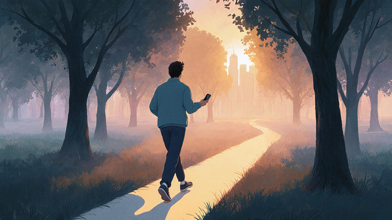 Člověk kráčí večerním parkem bez telefonu, obklopen přírodou a světlem východu.