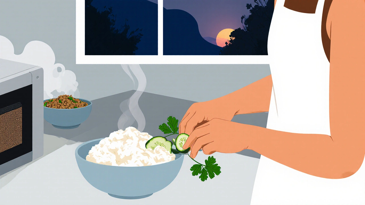 Člověk připravuje tvaroh s okurkami a petrželkou ve večerní kuchyni.