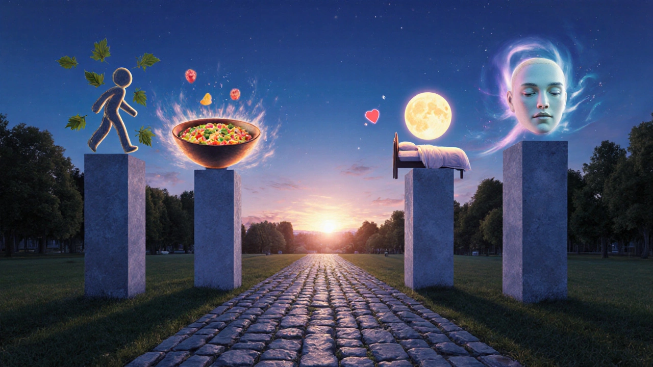 Čtyři symbolické pilíře reprezentují pohyb, výživu, spánek a psychickou stabilitu v parku.