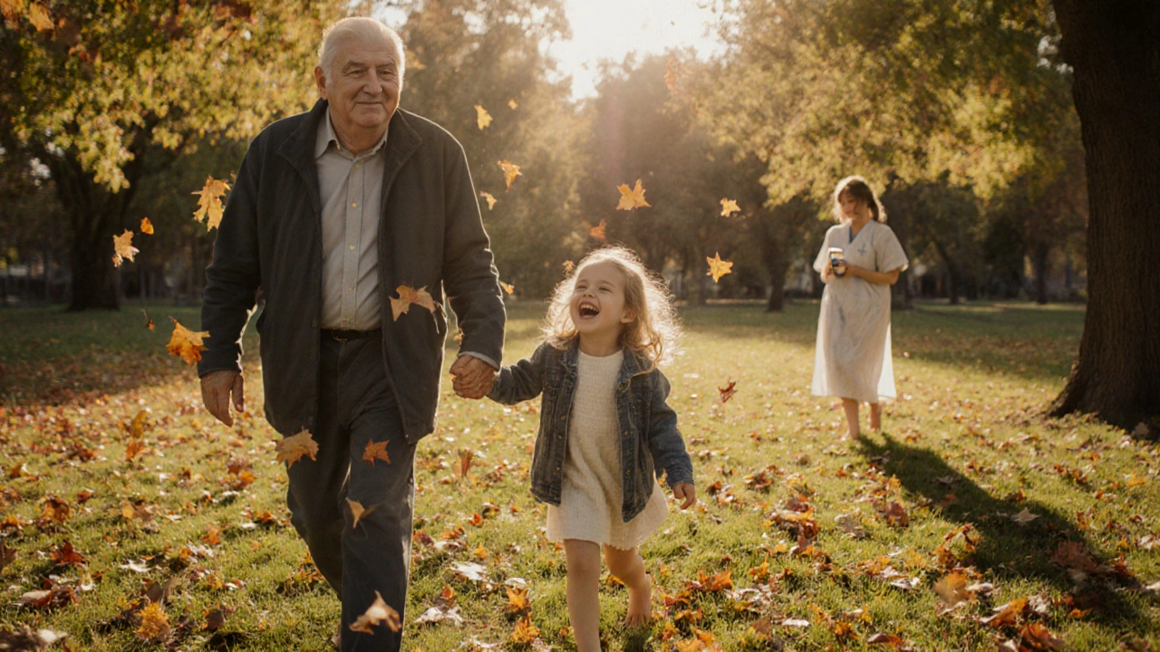 Dědeček a vnoučka procházejí parkem v zlatém světle, ruce v rukách