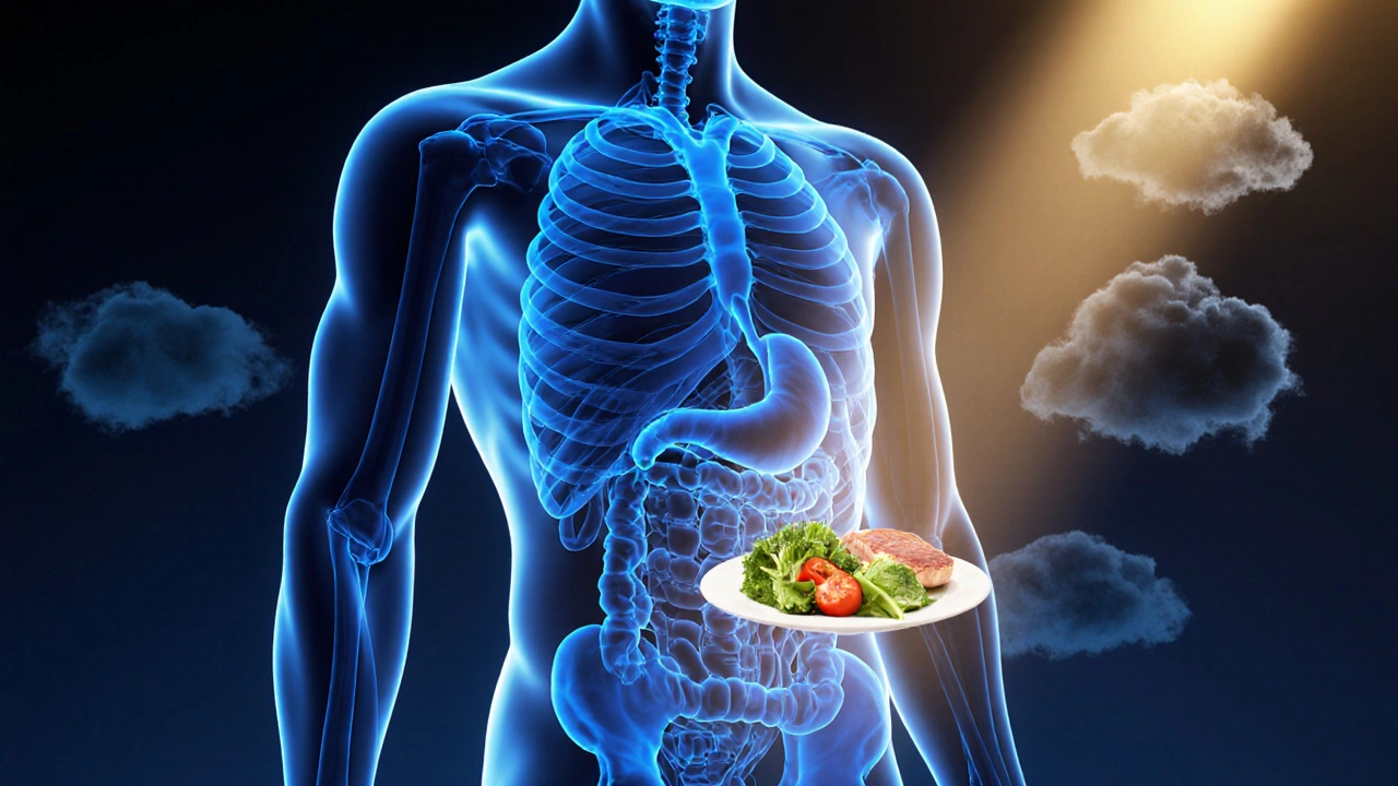 Koncepční obrázek těla s metabolismem a zdravou večeří, odstraňující nezdravé složky.