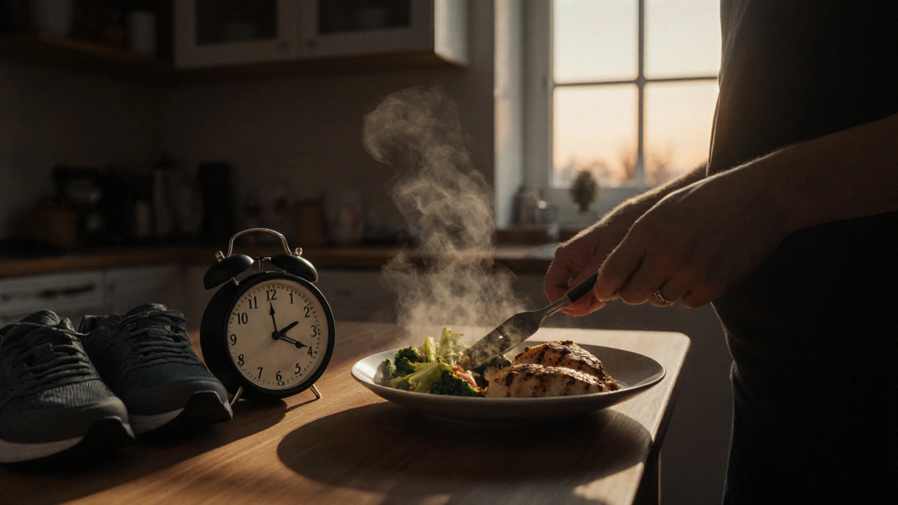 Lehká večeře připravovaná večer před běháním, s obuví a hodinami na stole.