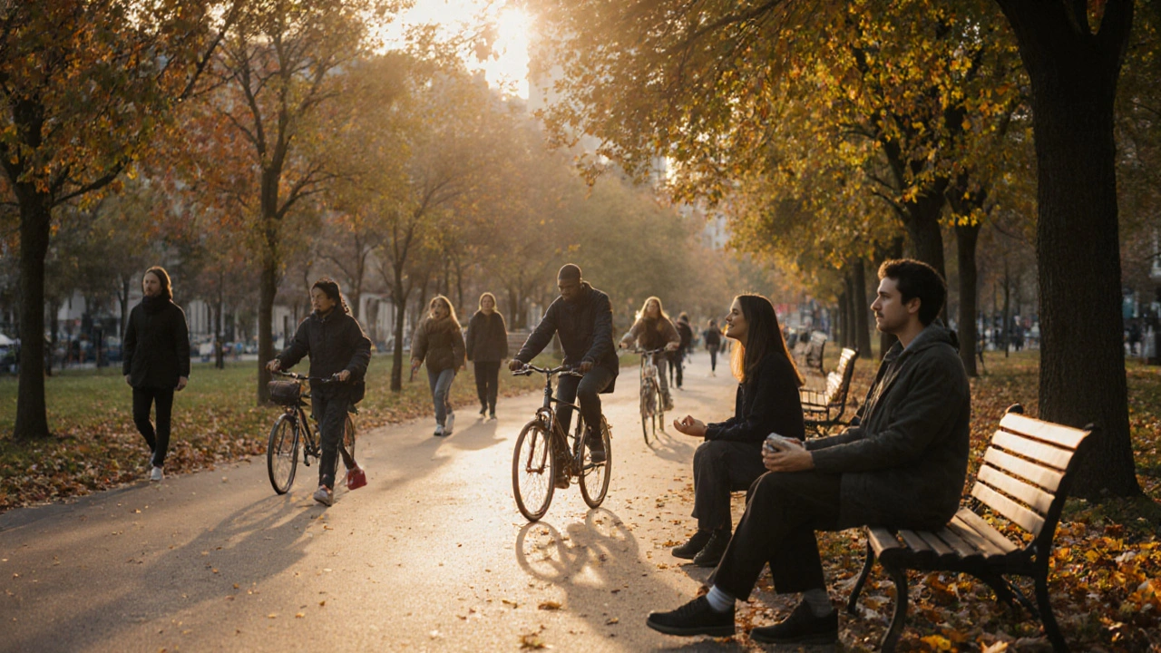 Lidé se pohybují v parku ve večerním světle, někdo medituje, jiný mluví s přítelem.
