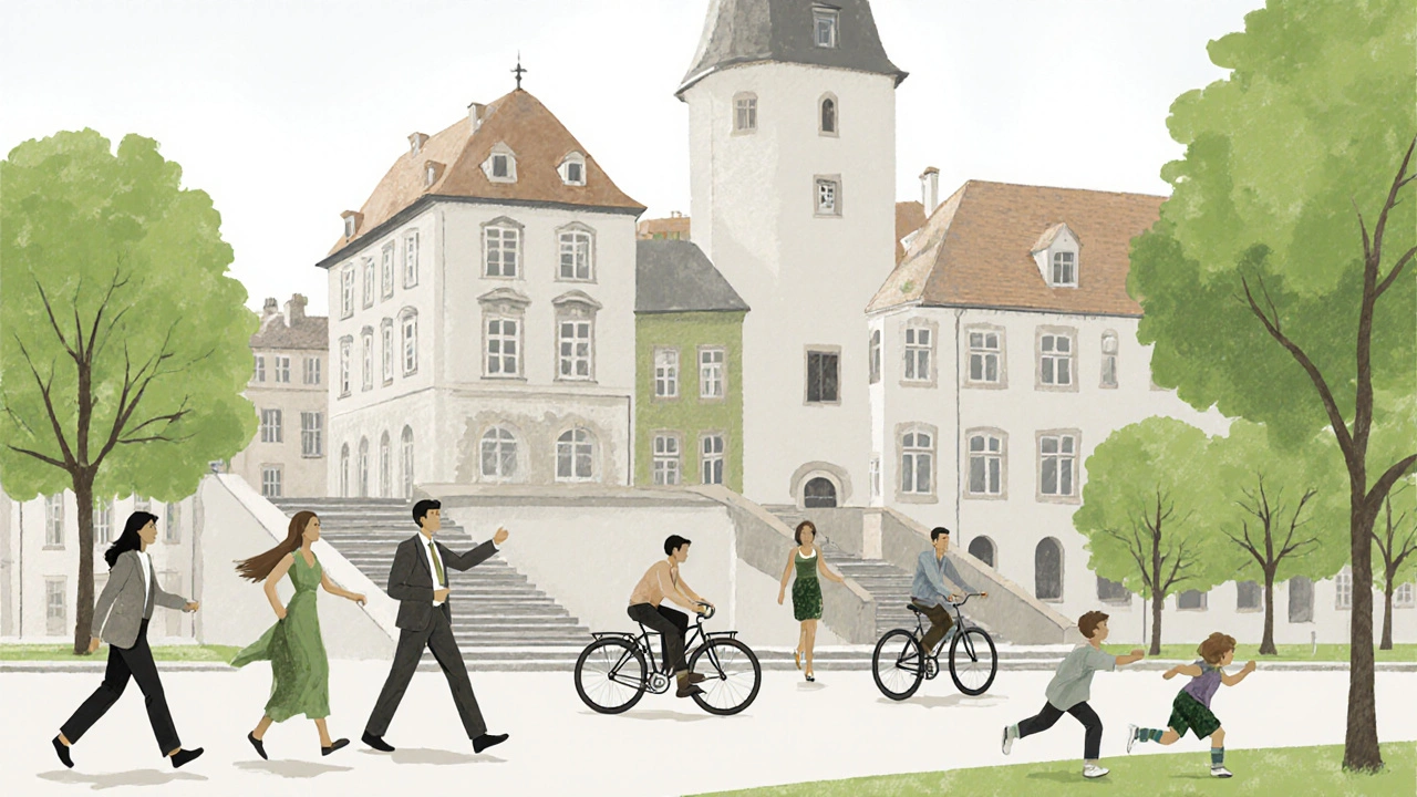 Lidé v českém městě chodí, jezdí na kole a používají schody jako součást každodenního pohybu.