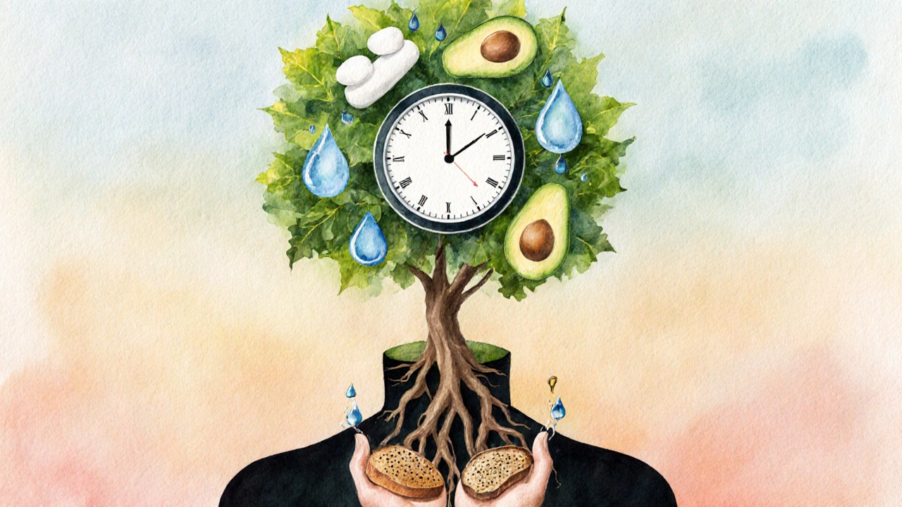 Lidský obraz s stromem z hrudi, symbolizující spojení těla, času a zdravého života.