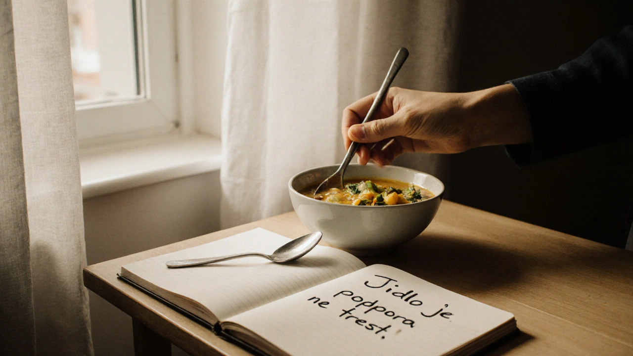 Mísa teplé polévky na stole u okna s jemným slunečním světlem.