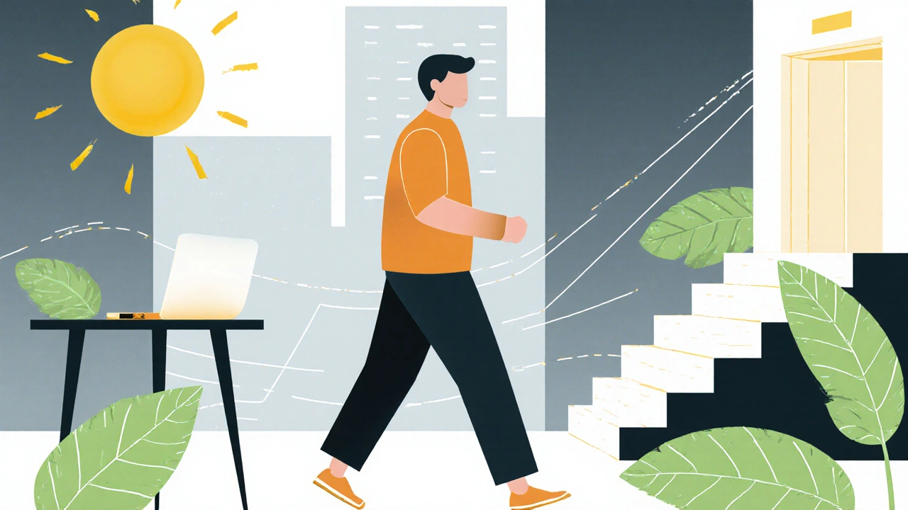 Osoba chodí po městě během oběda, volí schody místo výtahu.