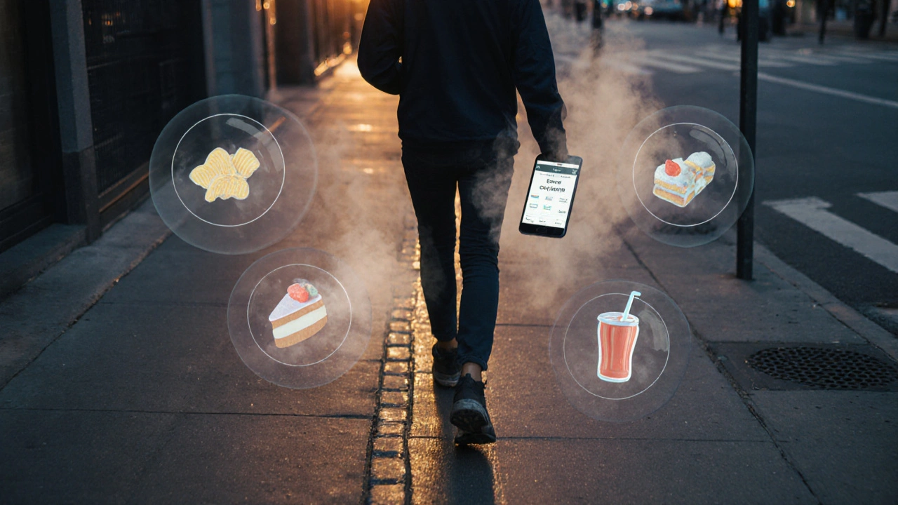 Osoba jde večer, zatímco nezdravé potraviny mizí v dýmu.