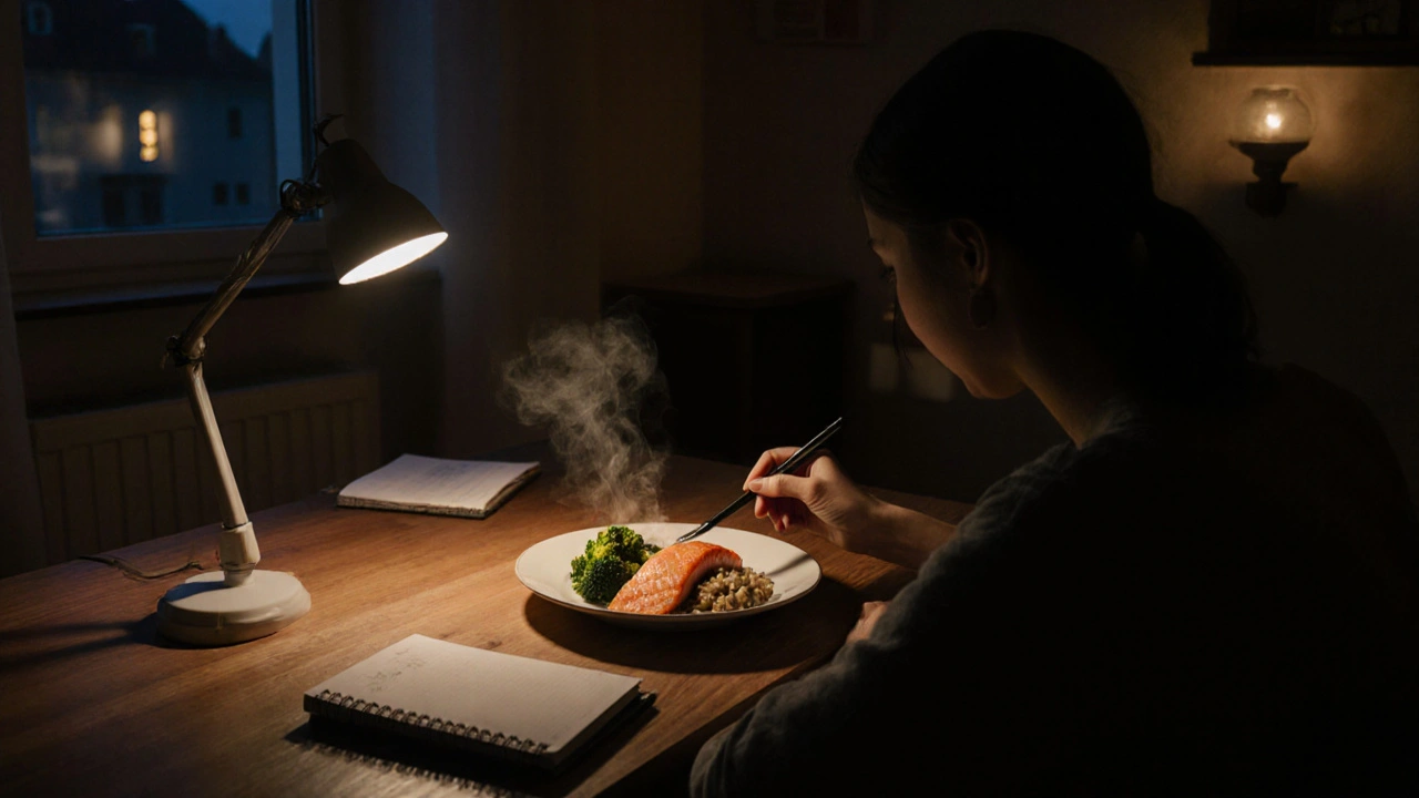 Osoba jí svačinu s rybou a zeleninou v klidné domácí atmosféře.