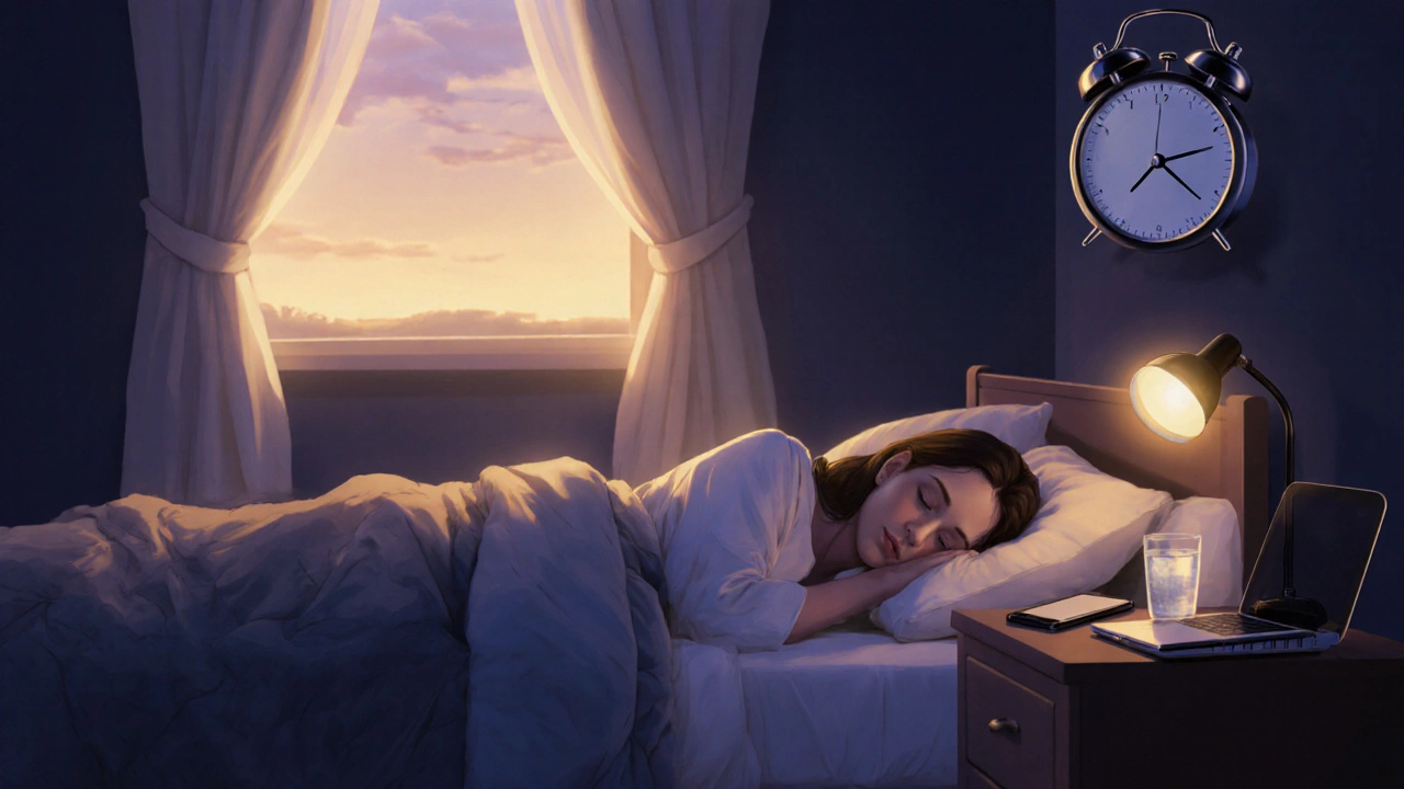 Osoba klidně spí v temné ložnici při světle ranního světla.