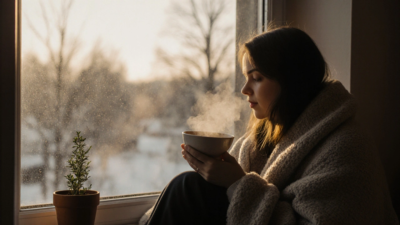 Osoba na okně pije teplý smoothie v pokojovém osvětlení.