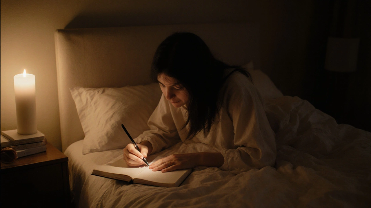 Osoba píše do deníku v ložnici při světle svíčky, měsíční svit na posteli.
