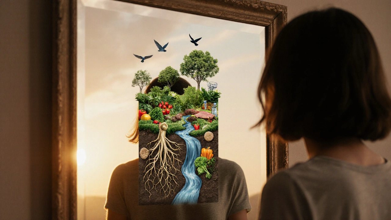 Osoba před zrcadlem, jehož odraz ukazuje vnitřní zahradu symbolizující zdravý životní styl.