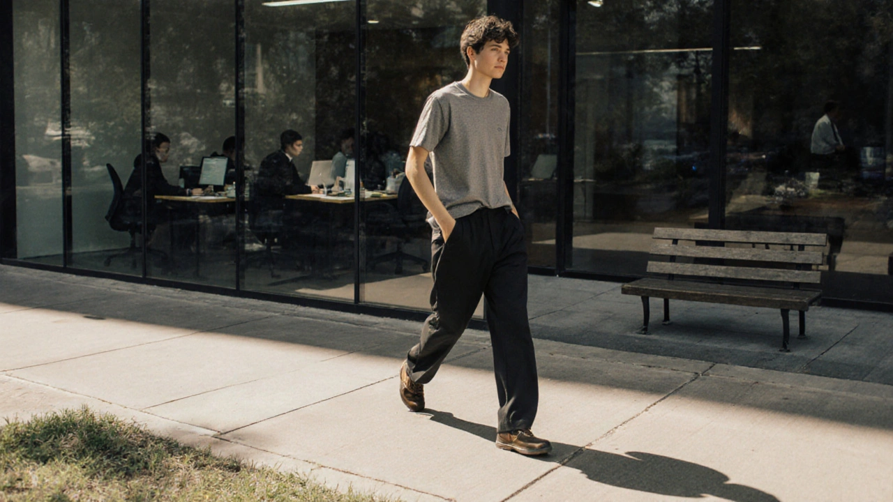 Osoba se prochází po ulici během obědové přestávky.