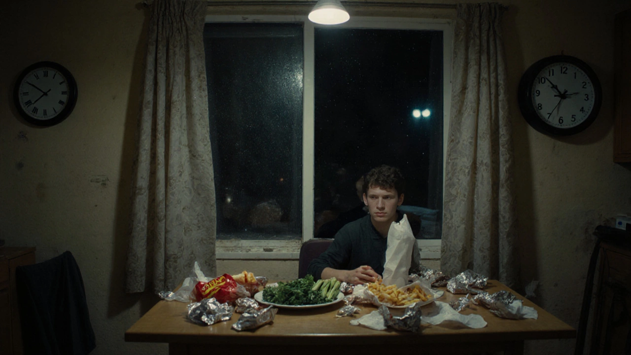 Osoba sedí u stolu s rychlým jídlem, zatímco zelenina zůstává nejedlá.