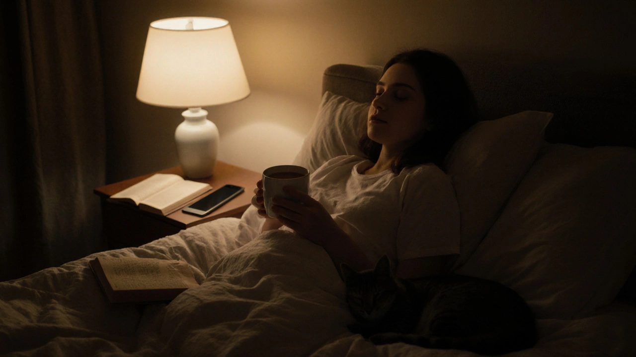 Osoba sedí v posteli večer s teplým nápojem a knihou, telefon je vypnutý.