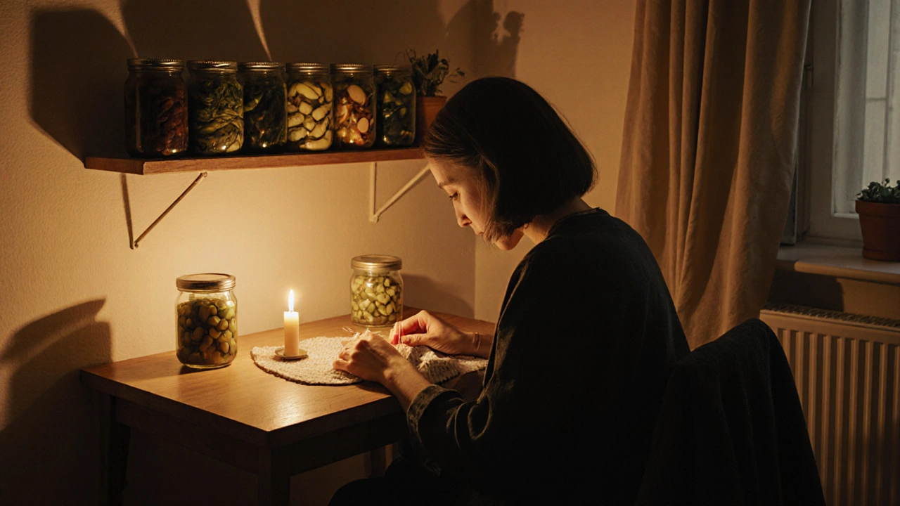 Osoba šije v klidné bytové místnosti s kvasenými potravinami na polici.