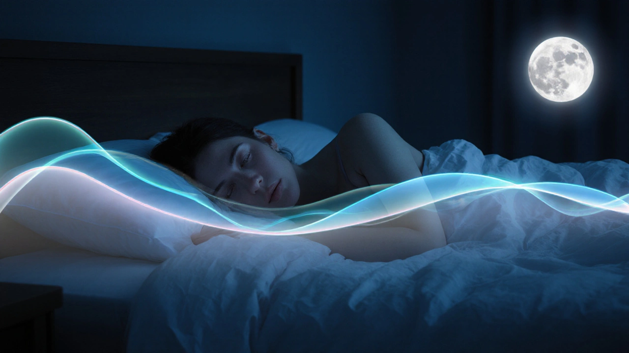 Osoba spí klidně v temné ložnici, symbolizující obnovu hormonální rovnováhy spánkem.