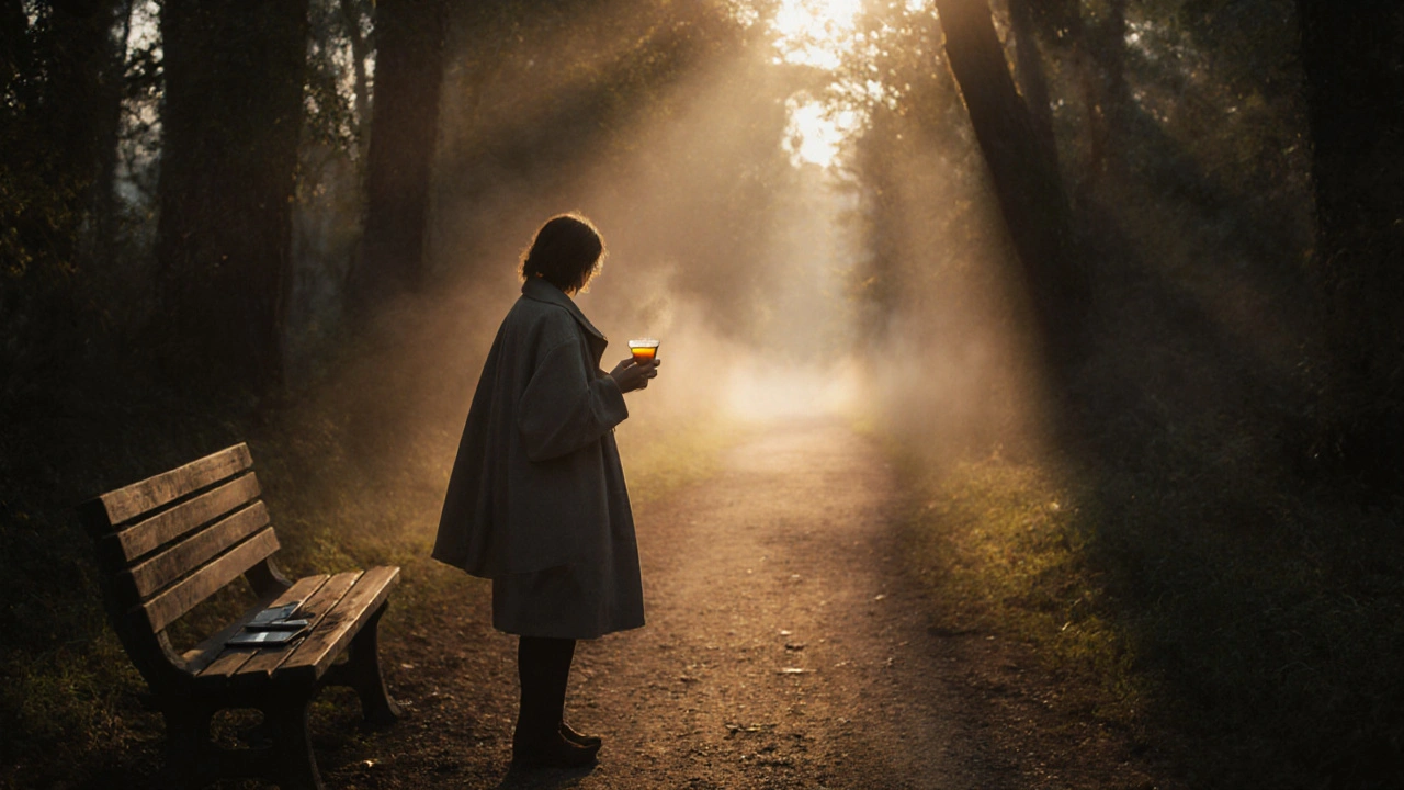 Osoba stojí v lese na ranním světle, telefon zůstal na benchu za ní.