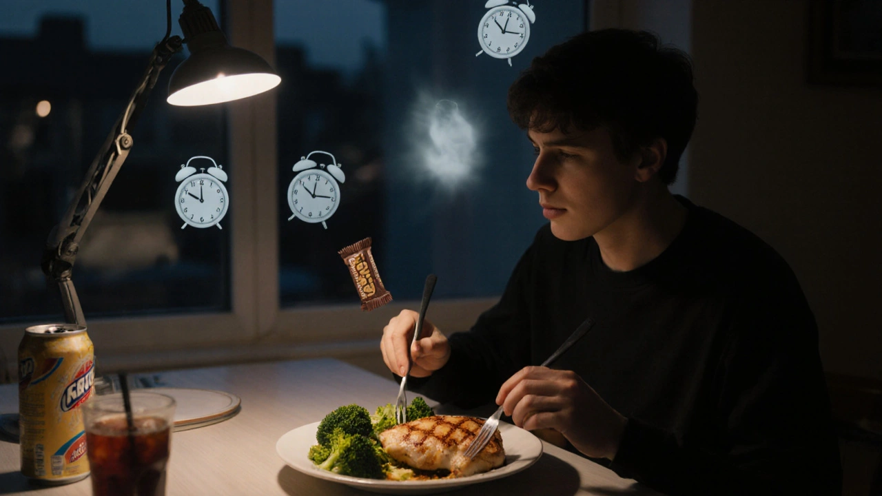 Osoba večer jí zdravou večeři, zatímco v pozadí se objevují stíny sladkých nápojů a hodinek.