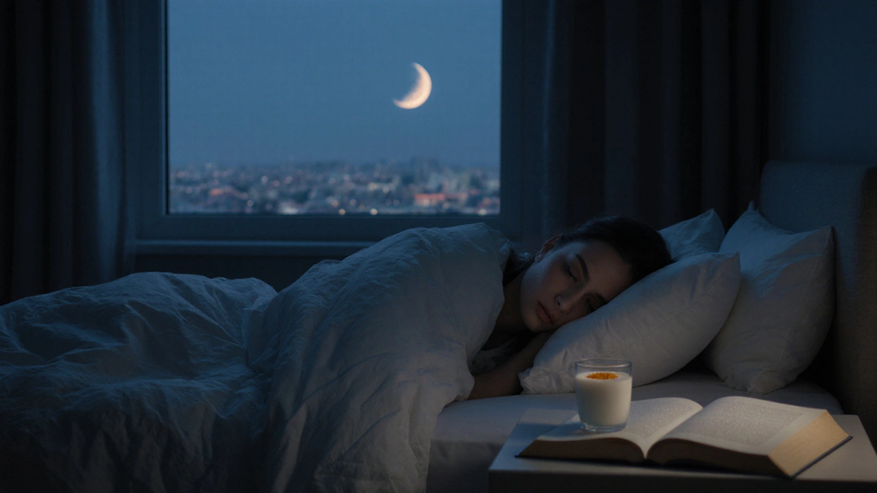 Pokoj v noci s teplým mlékem a knihou na nočním stolku, člověk spí.