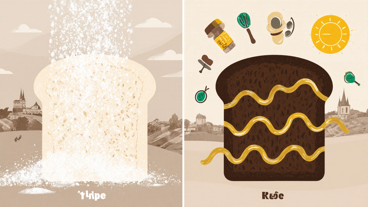 Porovnání bílého a žitného chleba: rychlý cukr vs. stabilní energie s mikroživinami.