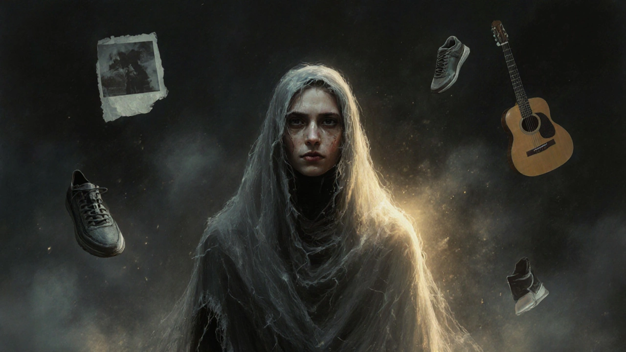 Postava v průhledném stínovém plášti stojí v temné místnosti, kolem ní se rozpadají věci, které ji kdysi bavily.