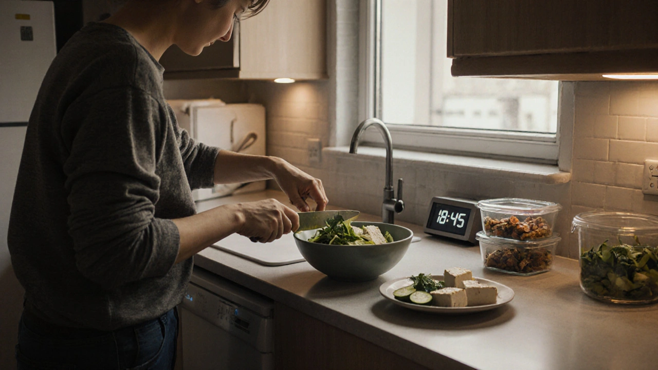 Příprava lehké večeře s zeleninou a tofu v kuchyni před časem 18:45.