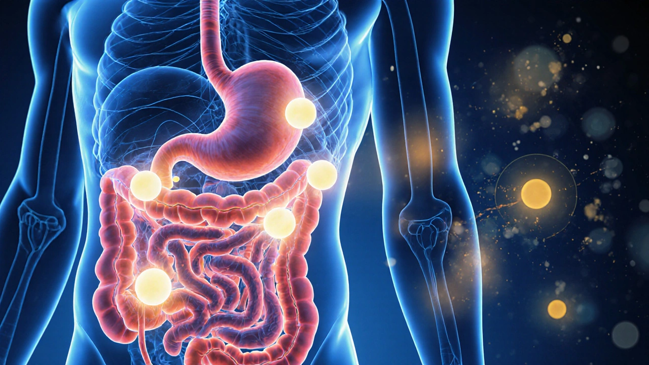 Průhledný lidský tělo s pěti malými jídly proudícími trávicím traktem.