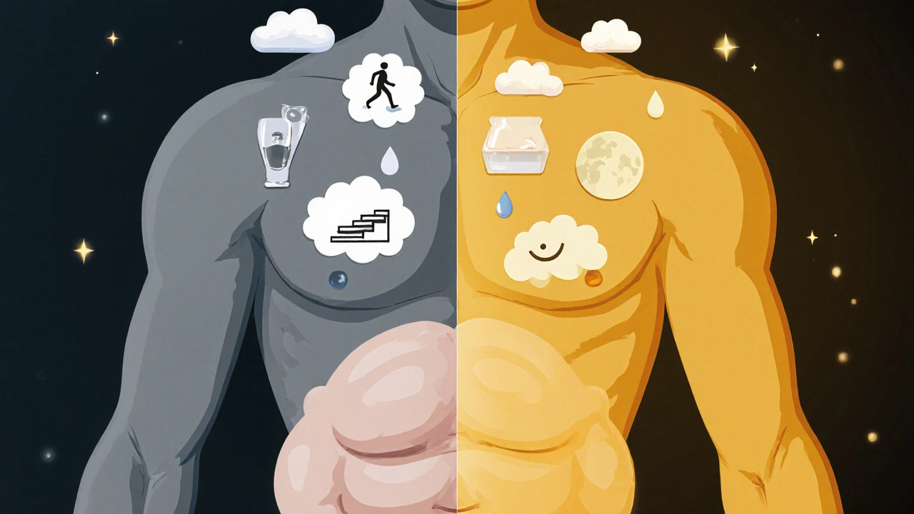 Rozdělený obrázek těla: jedna strana s tukem a stresem, druhá se zdravými návyky.