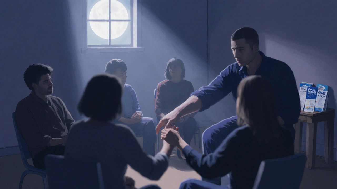 Ruce se dotýkají v tiché podpůrné skupině při měkkém osvětlení.