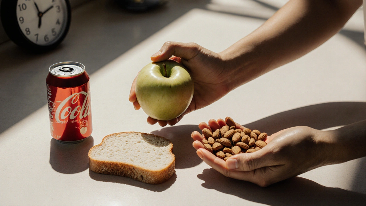 Ruka drží jablko a ořechy vedle vyhozené limonády a bílého chleba.