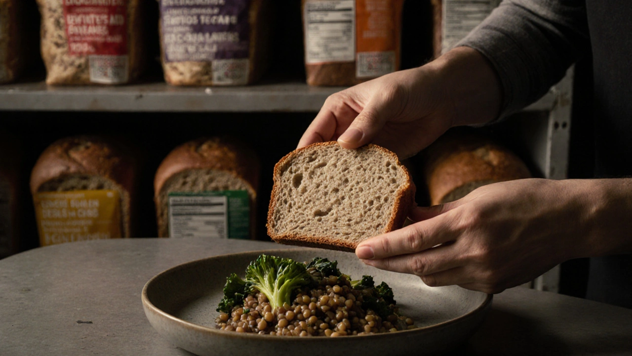 Ruka klade jeden kousek kvalitního chleba na talíř, za ním nezdravé obalované chleby.