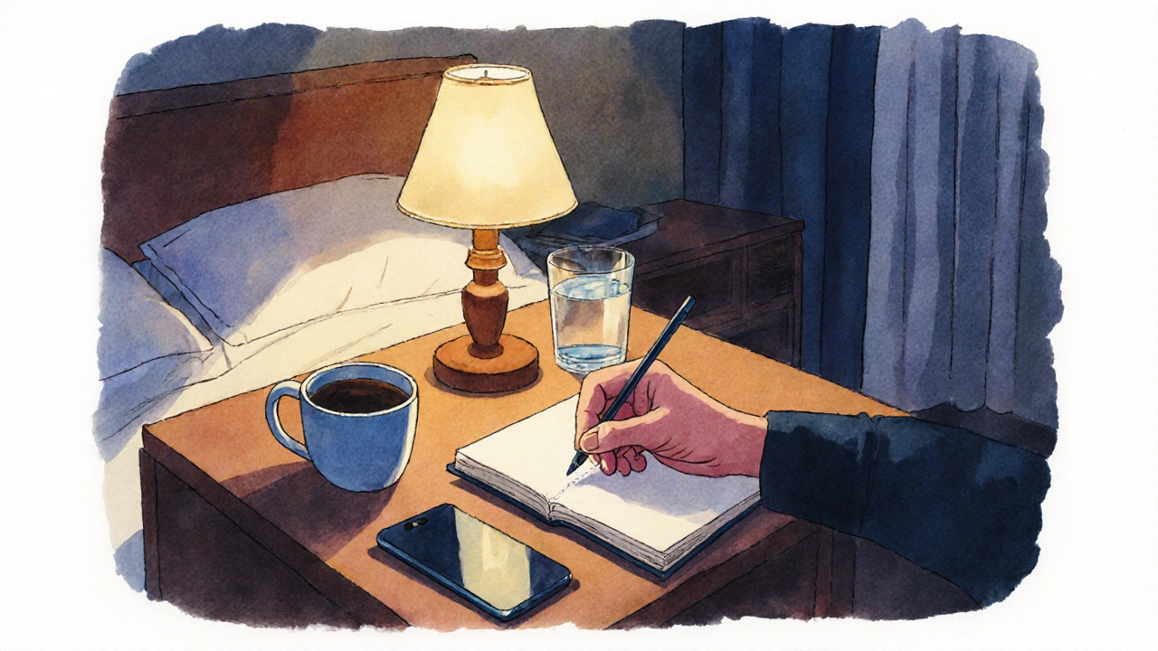 Ruka píše do sešitu večer při světle lampa, telefon je vypnutý na stole.